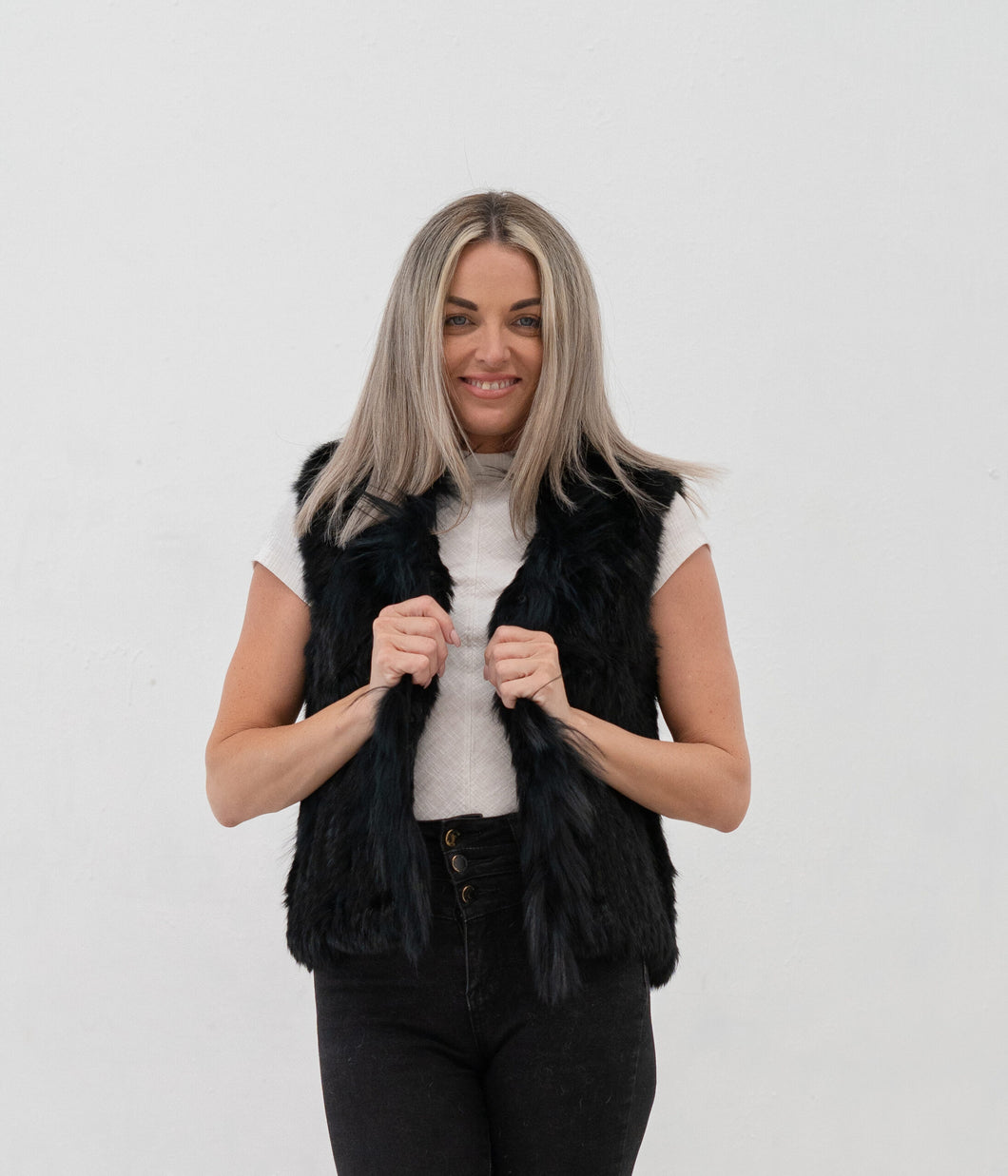 Maleny Fox Rabbit Fur Vest - Black