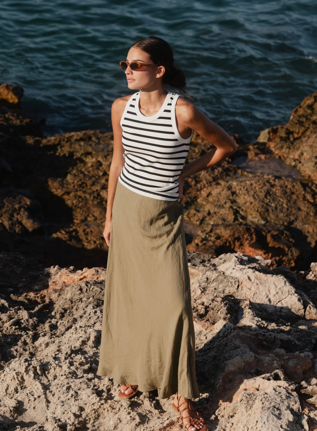 Lagos Soft Khaki Linen Blend Bias Cut Maxi Skirt