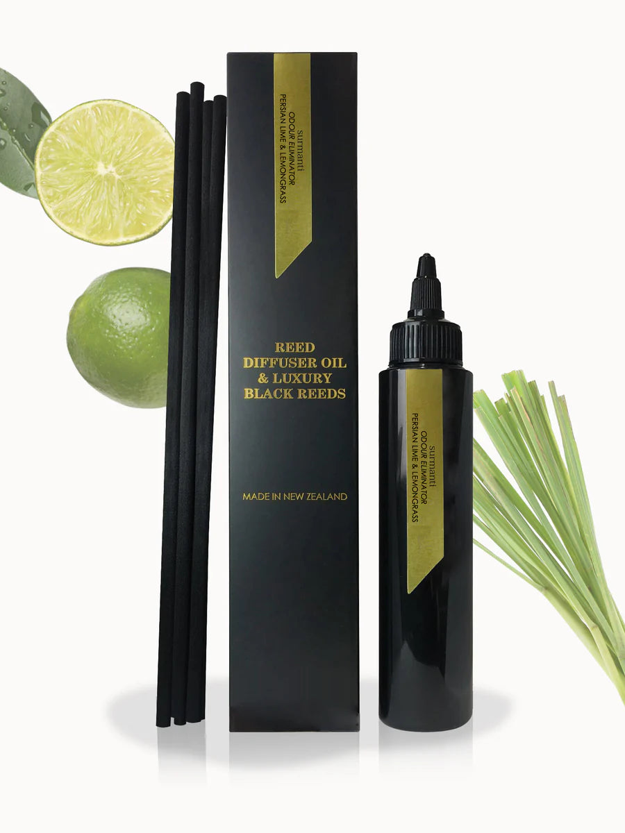 Reed Refill - Persian Lime & Lemongrass Reed Diffuser Oil & Luxury Black Reeds - Odour Eliminator